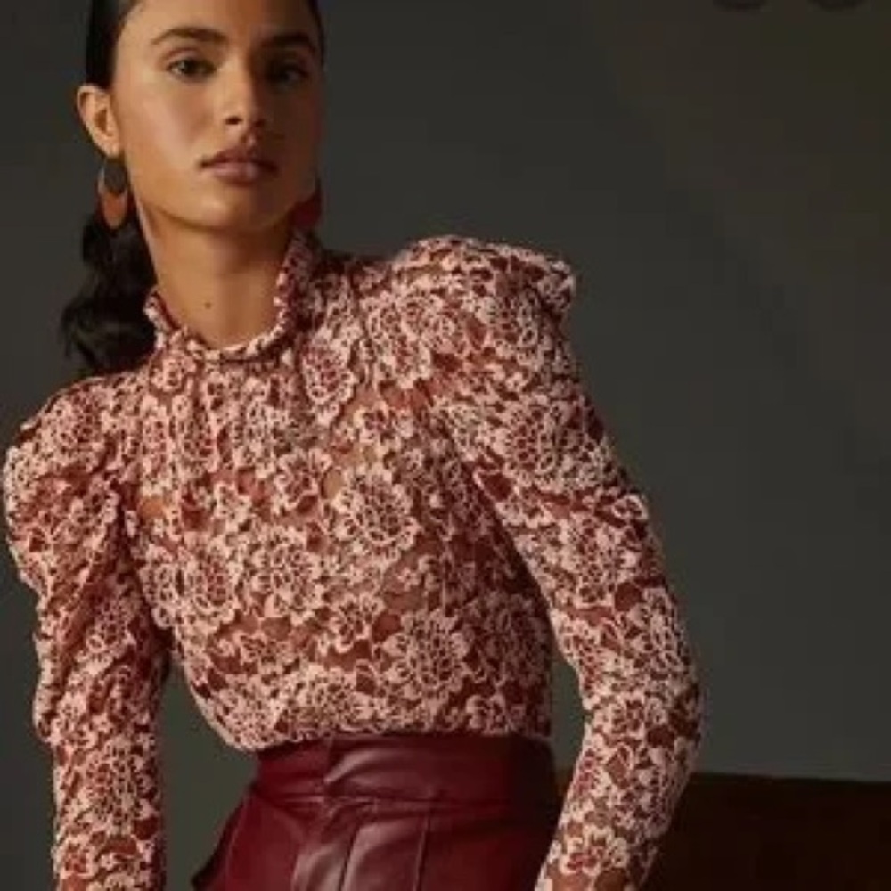 dolan Rose and Cream Lace High-Neck Puff Sleeve Blouse